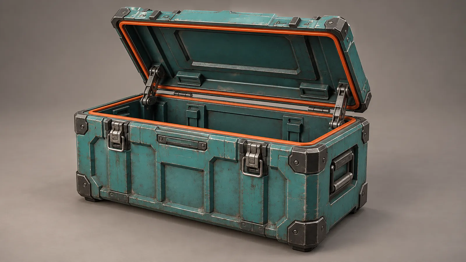 Teal supply chest with a raised separate lid and visible rear hinges on a review platform