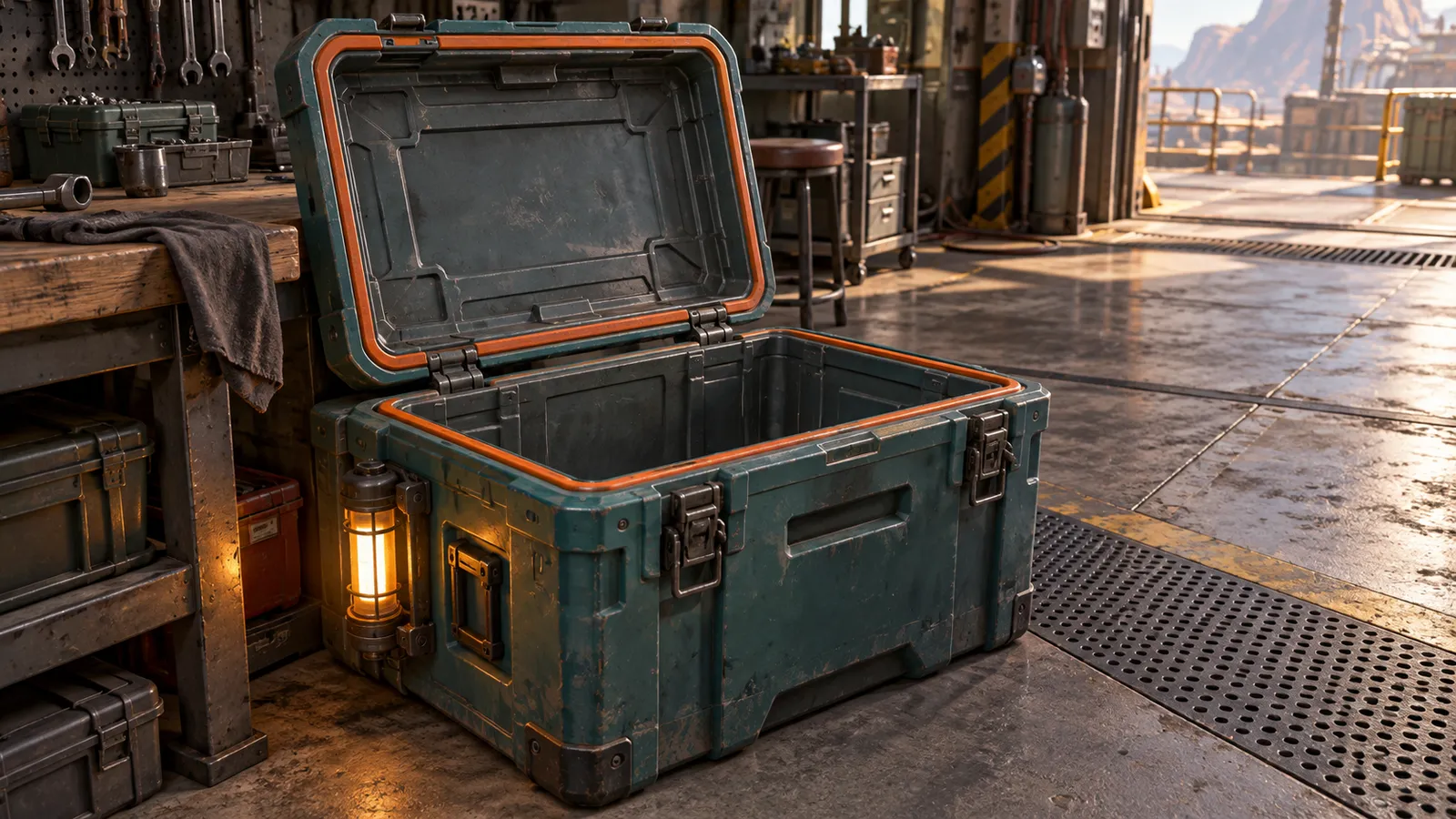 Open empty teal supply chest beside a workshop bench with a small amber lamp attached to its side
