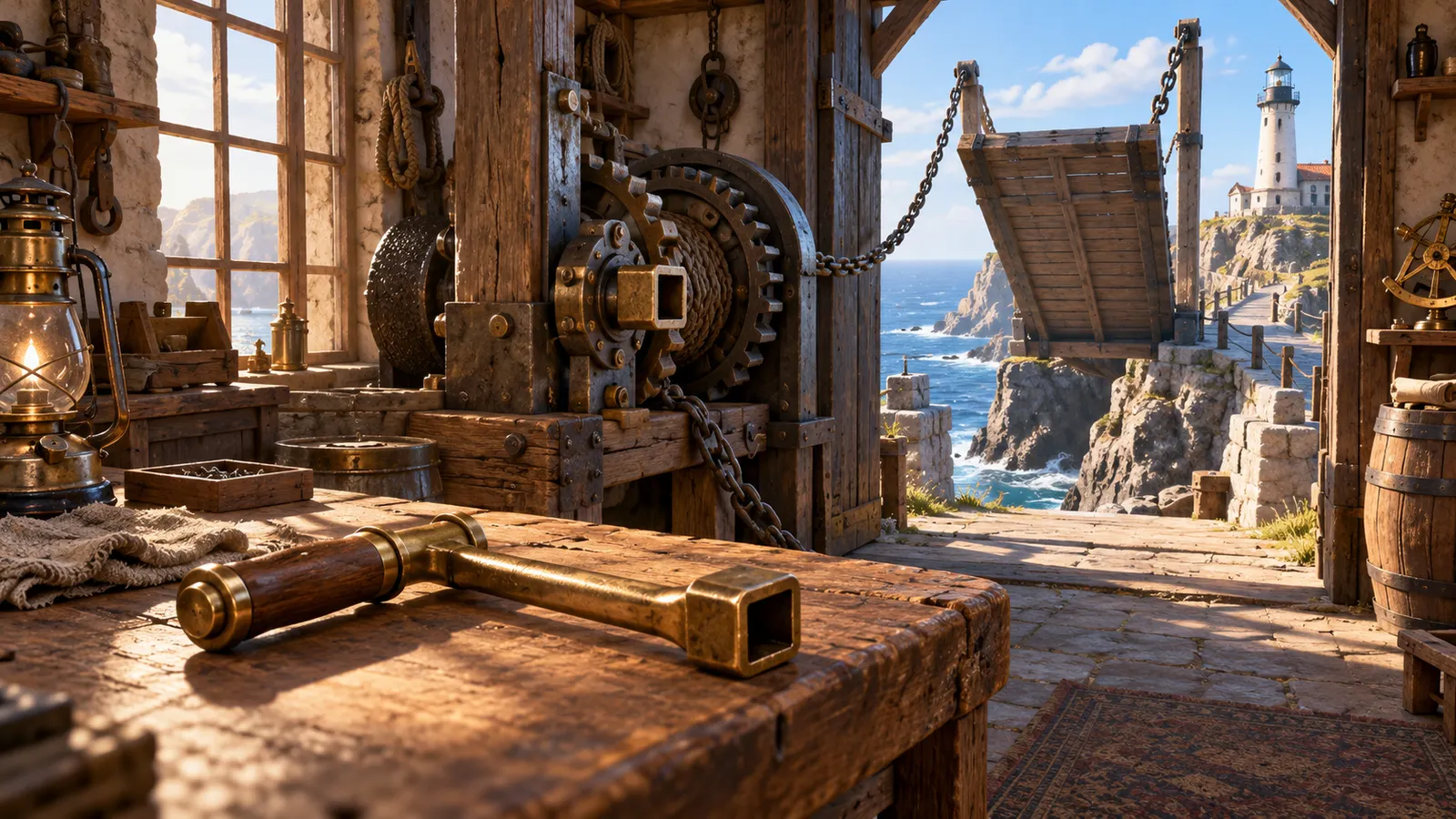 Lighthouse workshop with a brass crank on a workbench beside a winch and a raised coastal drawbridge