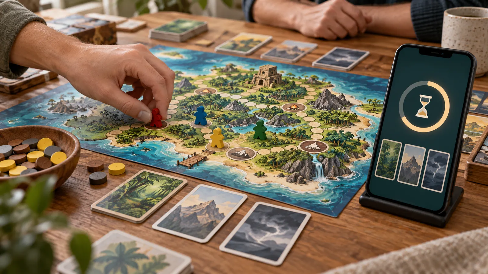 Player moving a physical board-game token beside a phone showing a supporting timer and event icons