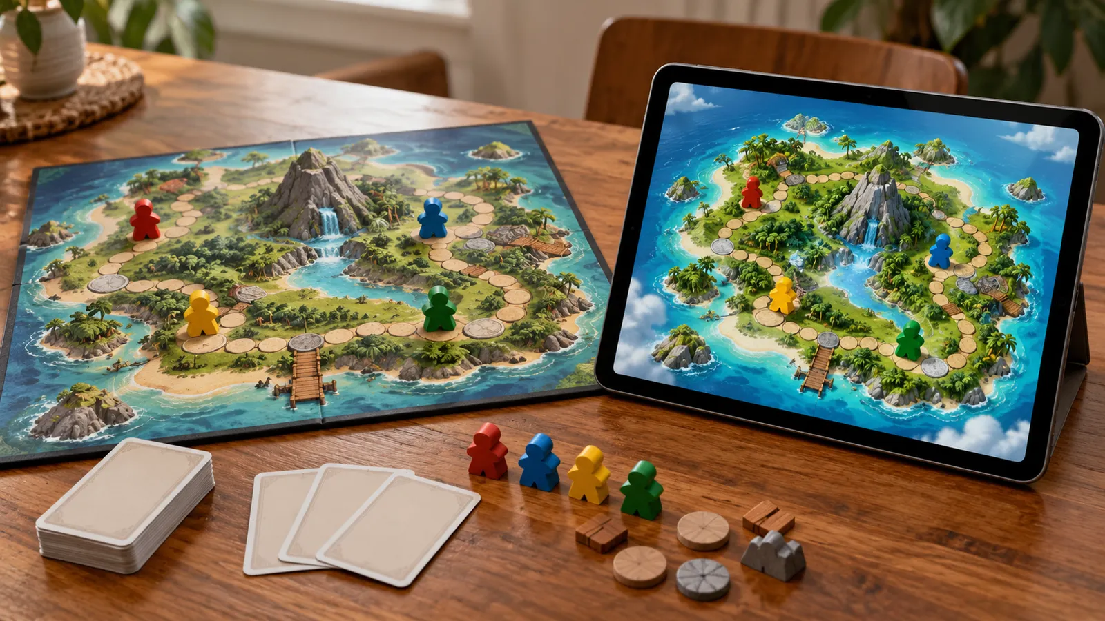 Physical island board game beside a tablet showing a digital board and tokens