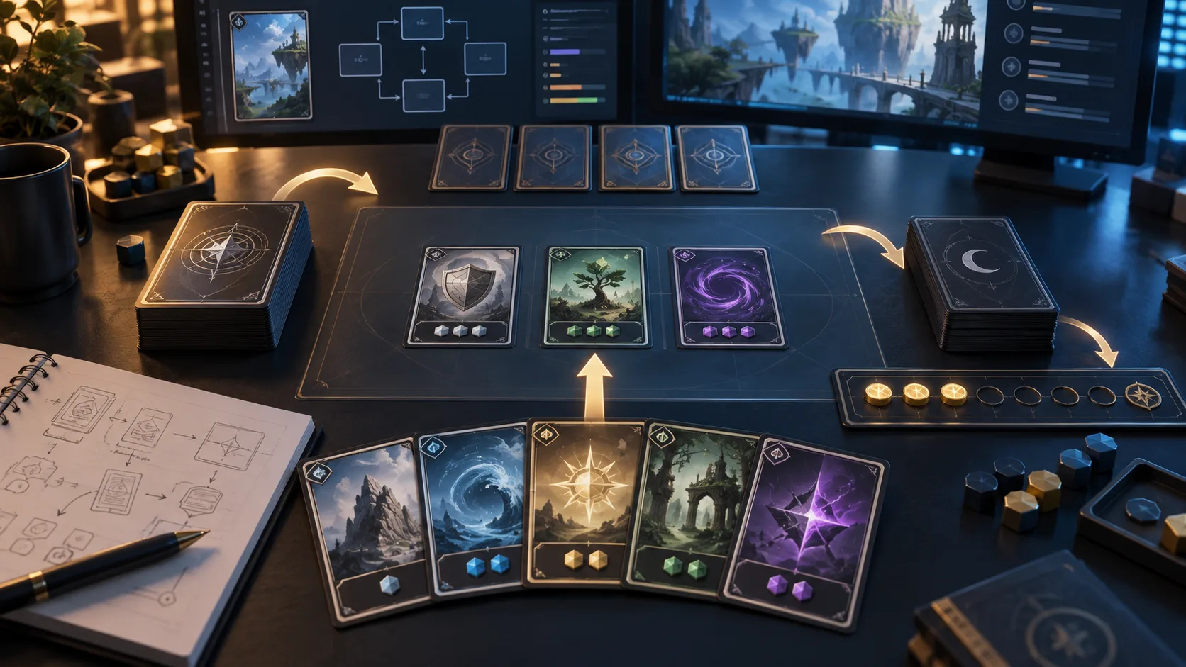 An original digital card game moving cards through deck, hand, play, and discard states
