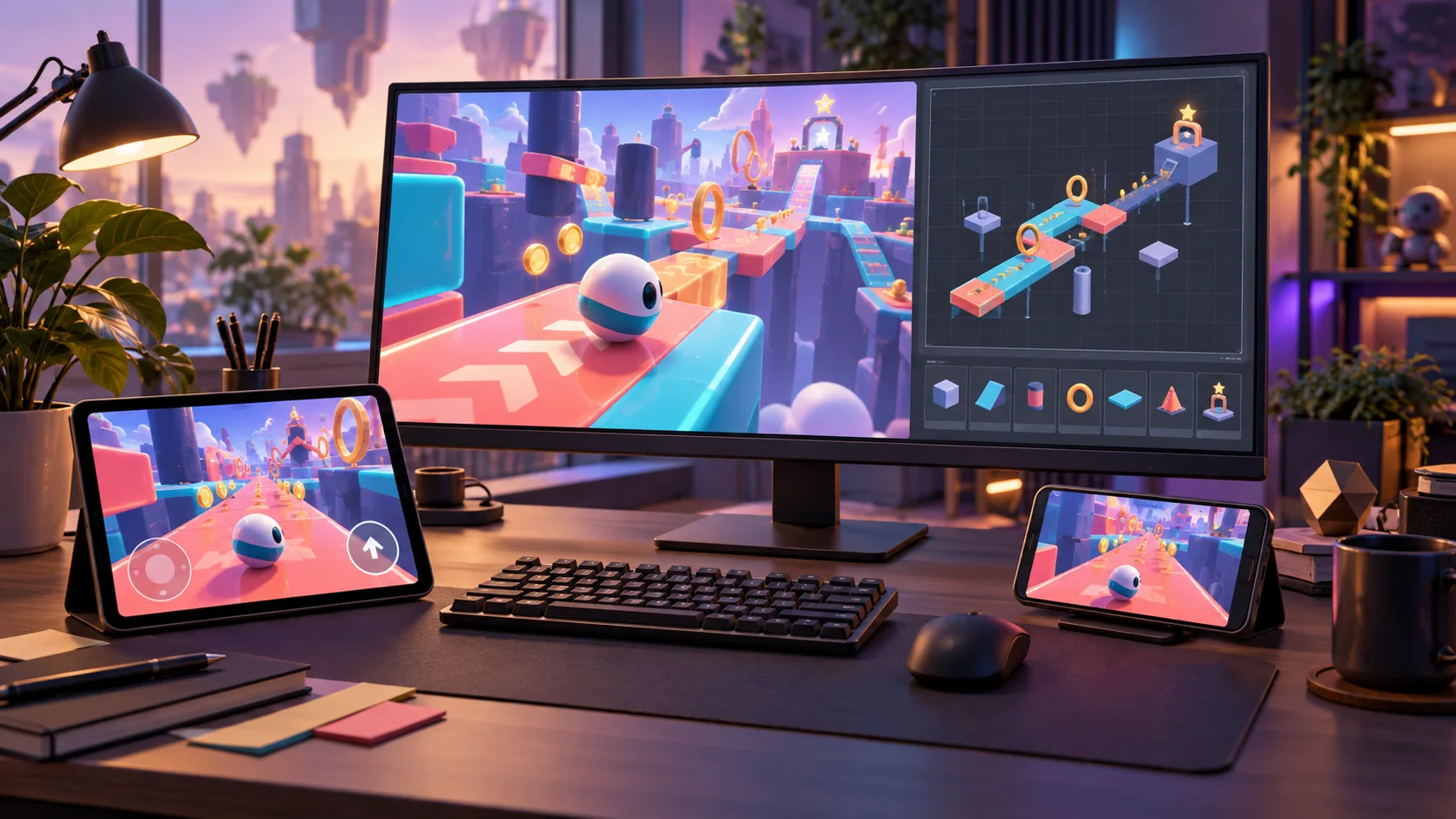 A casual mobile game prototype running on several devices beside its level blockout