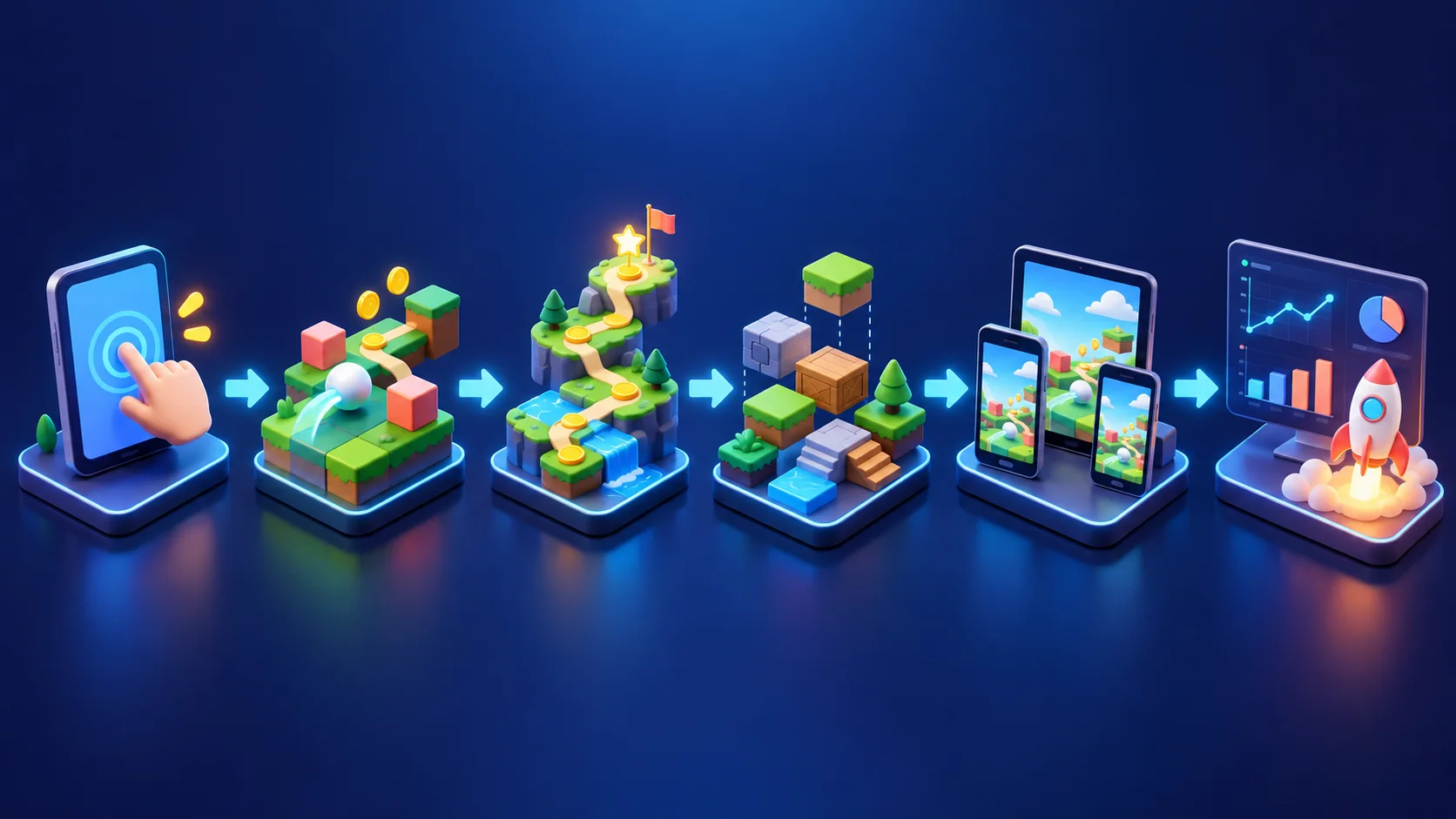 A six-stage visual flow from mobile interaction and playable loop to progression, reusable content, device testing, and release measurement