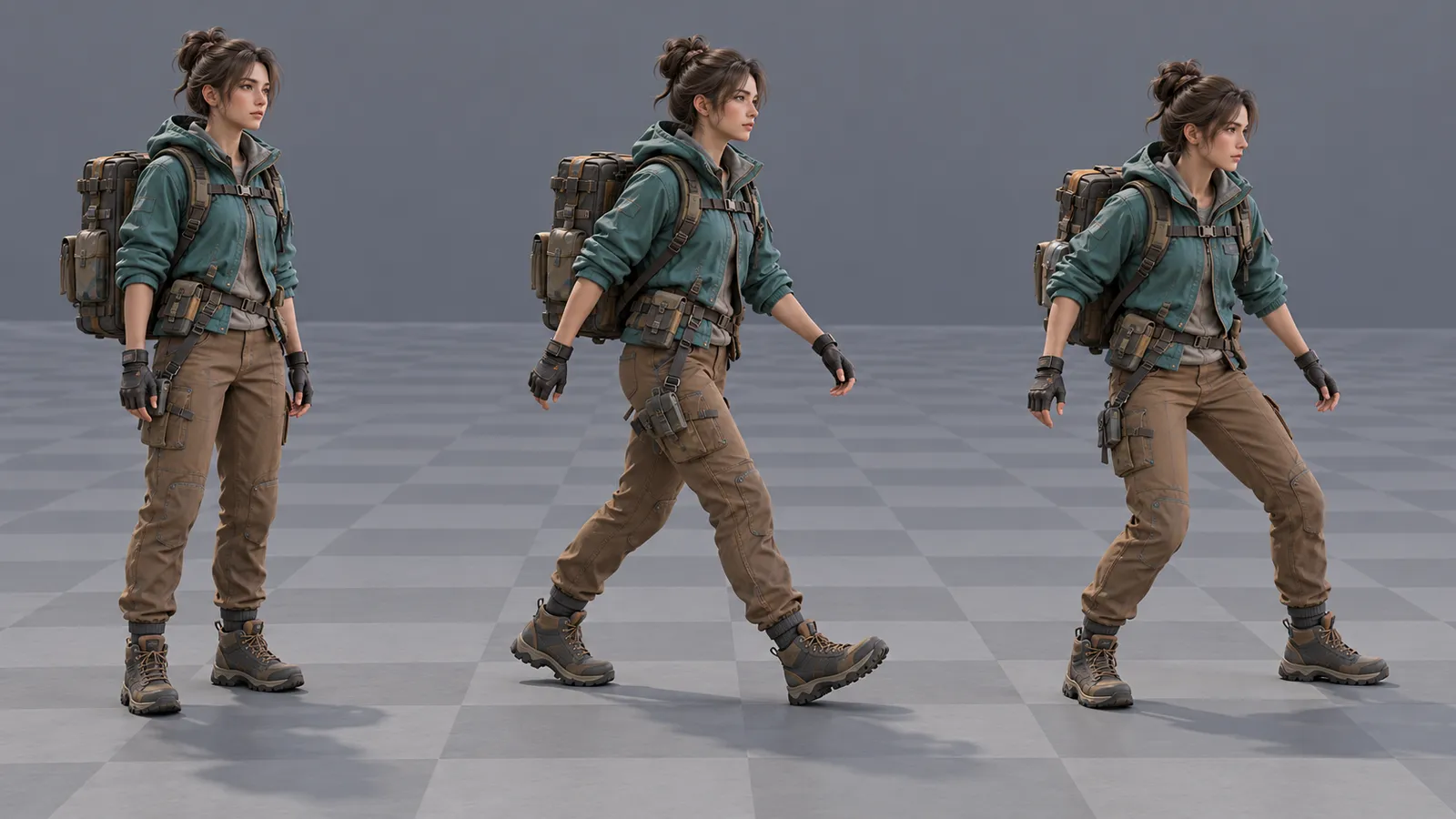 Courier character in idle, walking and stopping poses on a checker-floor review stage