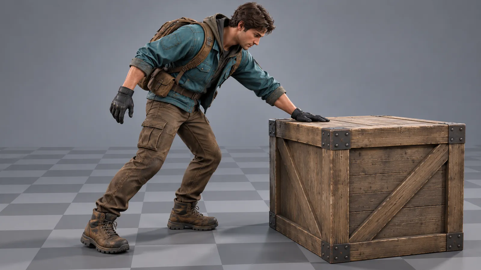 Courier leaning toward a wooden crate with a supported hand contact and planted boots