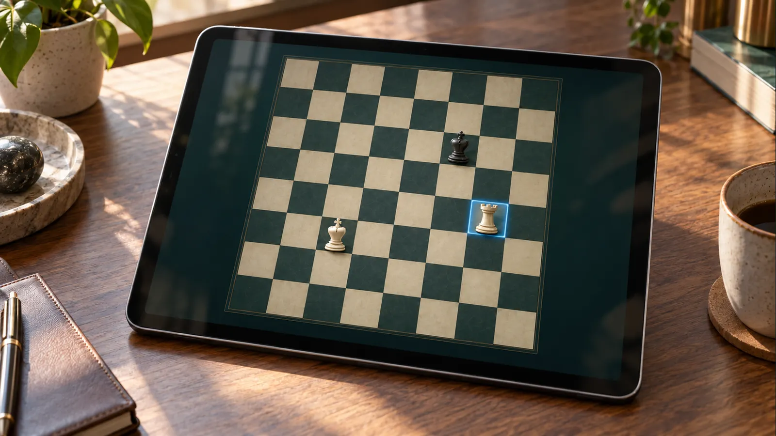Tablet displaying a sparse digital chess position with selected squares on a wooden board