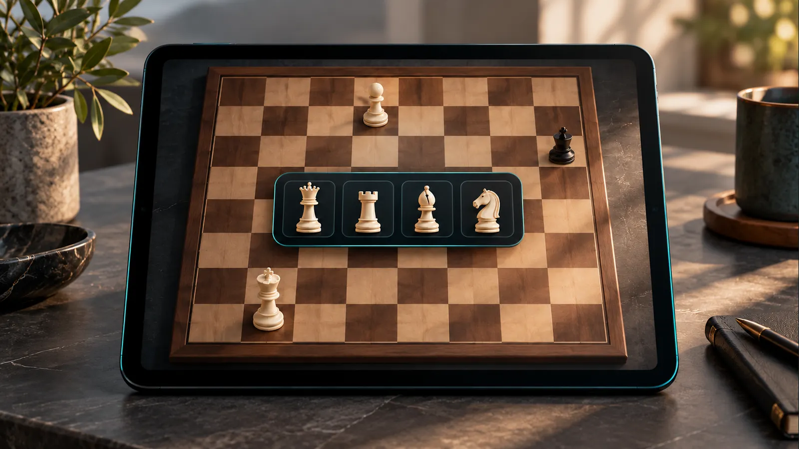 Digital chess board on a tablet with a promotion selection tray showing four piece choices