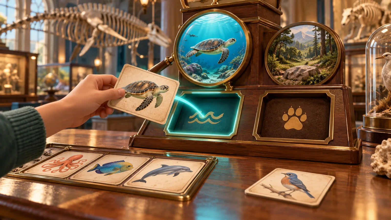 A turtle card approaches a highlighted marine slot with a habitat cue and completed specimen cards nearby