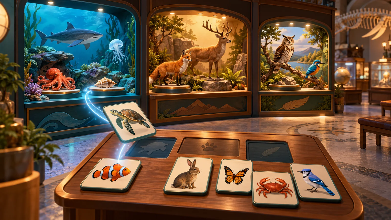 Museum sorting activity with illustrated specimen cards and three themed exhibit bays