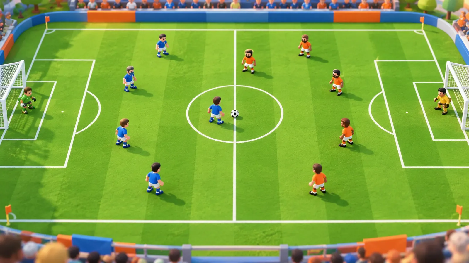 Blue and orange arcade football teams repositioned around a ball at the centre for kickoff