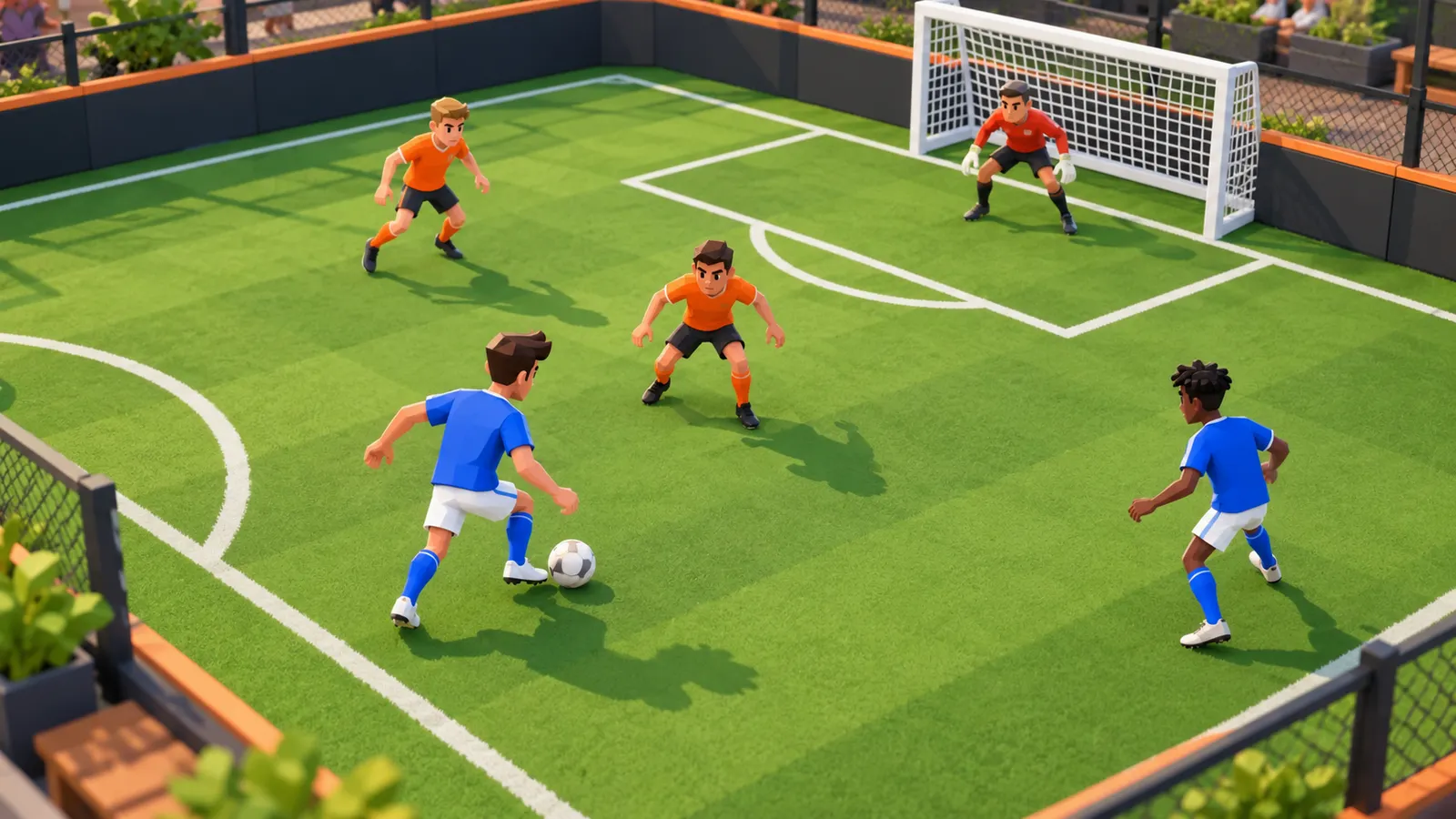 Blue arcade football player controlling the ball with an open teammate and orange defenders ahead