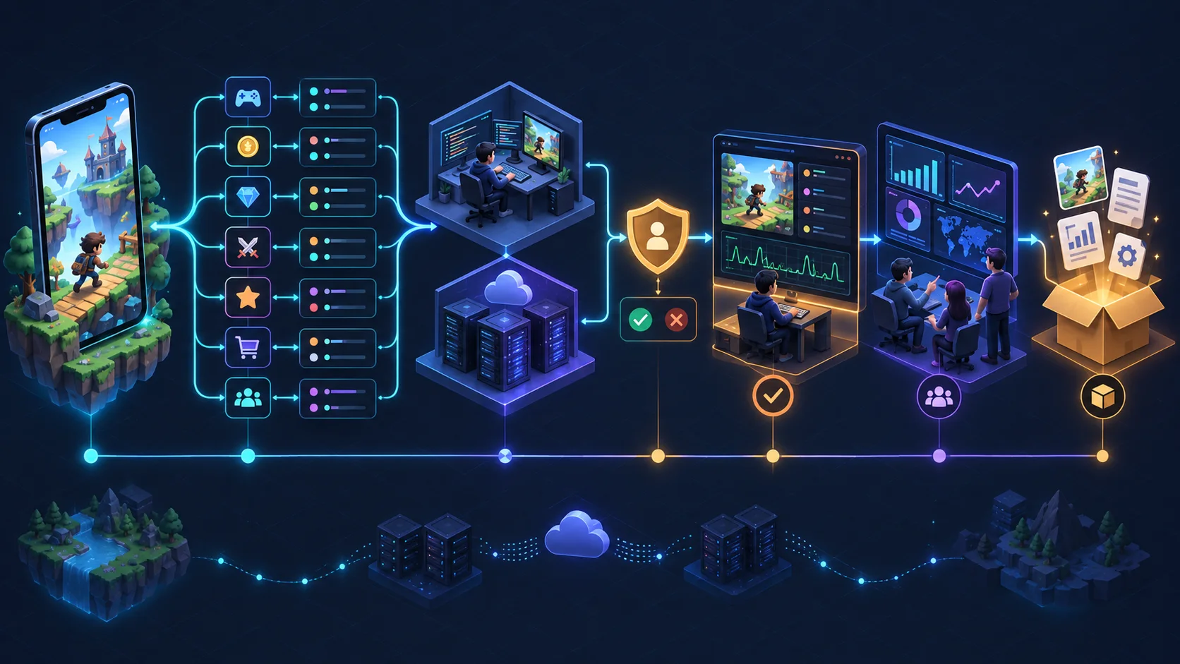 A game analytics workflow connecting events, environments, consent, validation, dashboards, team access, and a handover package