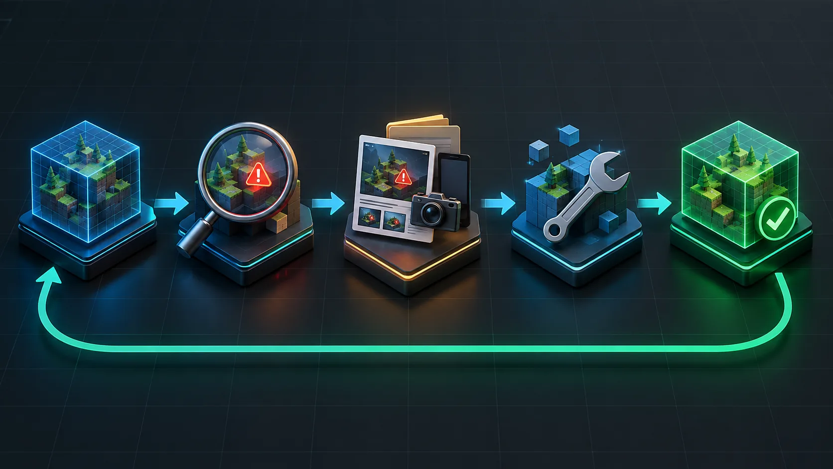 Five connected stages showing a game build moving through defect discovery, evidence capture, repair, and verified regression