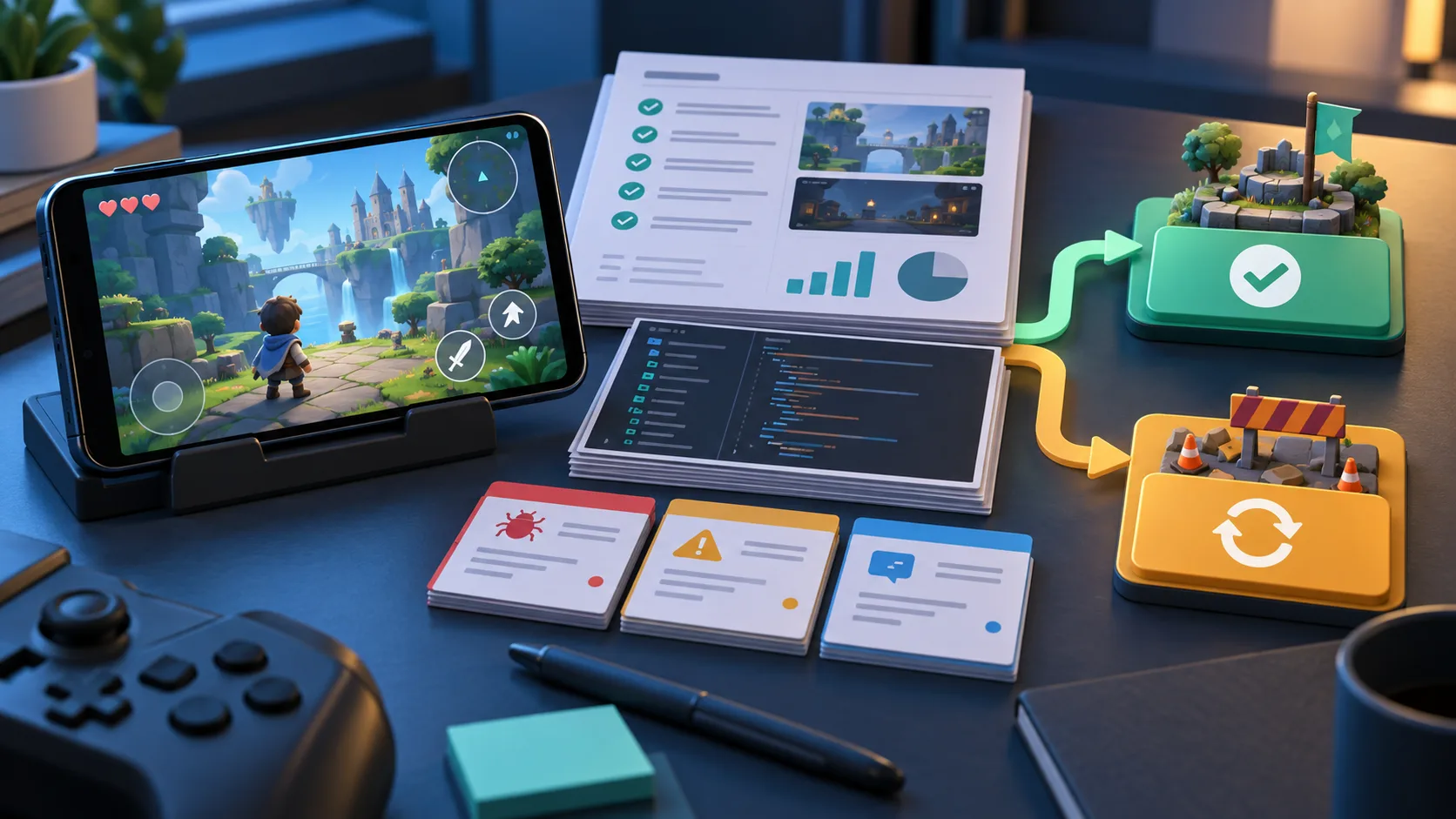 Playable game build on a device beside a structured review and evidence package
