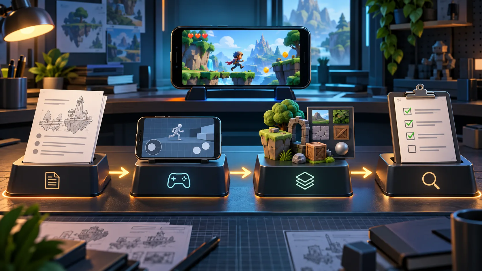 Game production workbench showing successive prototype, playable slice and release review stages