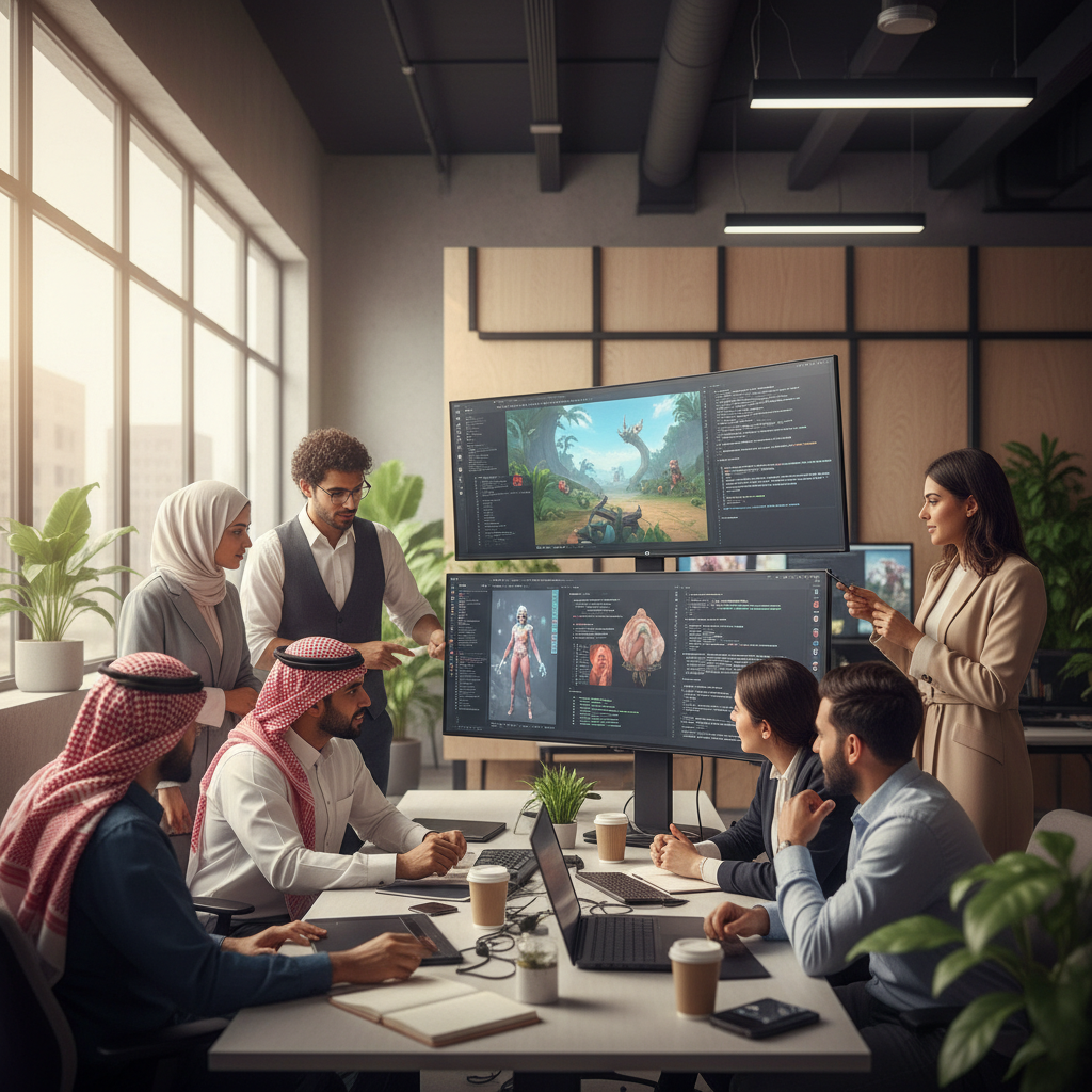 فريق متنوع من فناني الألعاب والمبرمجين يراجعون أصول الألعاب على شاشات متعددة في مكتب حديث.