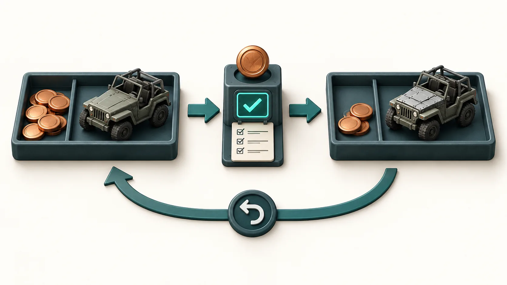 An upgrade transaction exchanging coins for vehicle armor with a recovery path
