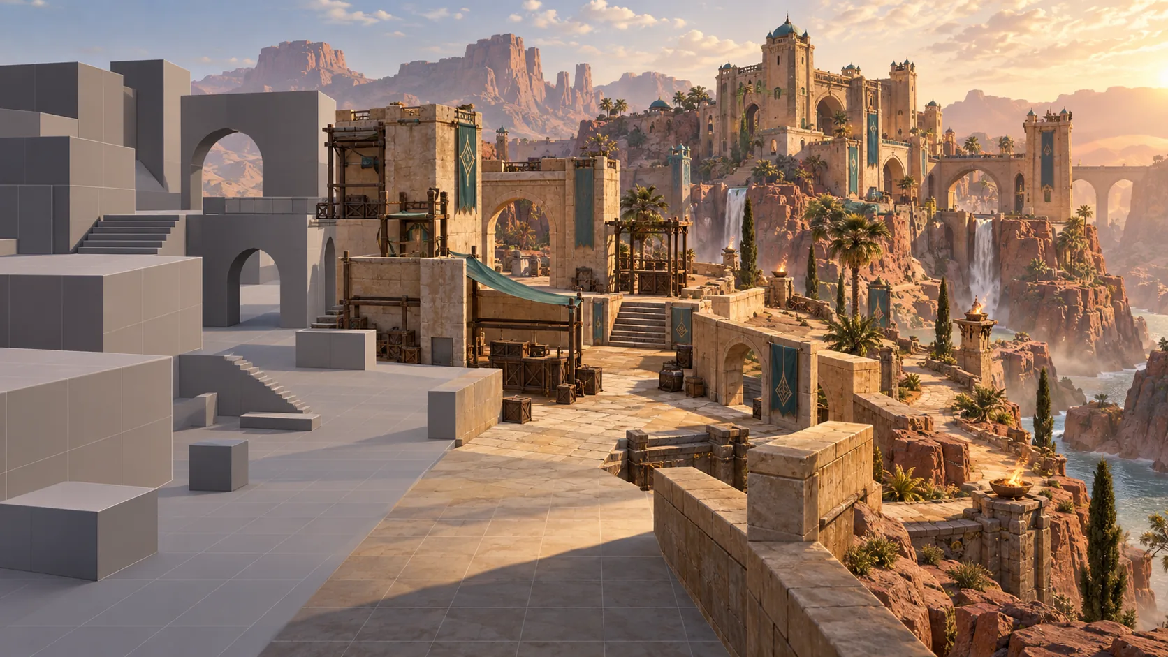 A desert fortress game environment progressing from greybox blocks to modular architecture and a finished playable world