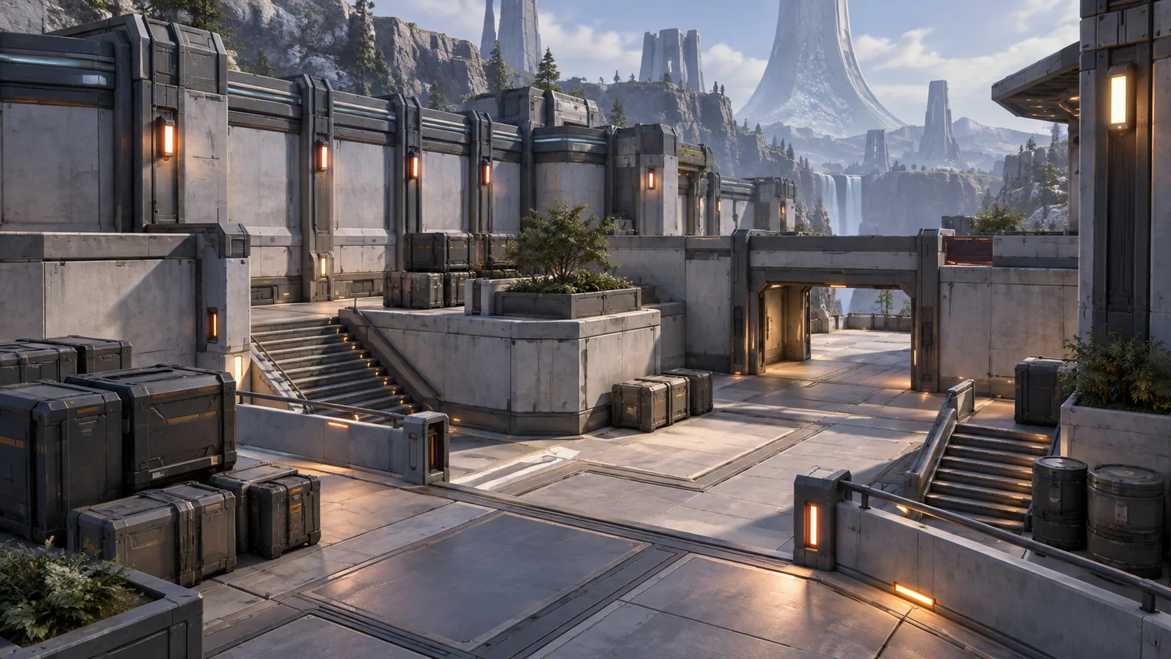 A modular science-fiction courtyard with repeated wall pieces, clear walkways, consistent lighting, and simpler distant geometry