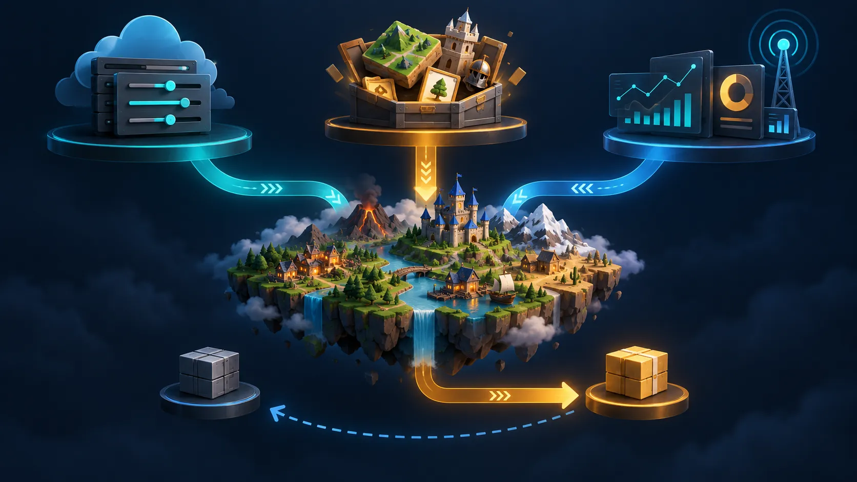 Illustration of game content, remote settings and monitoring paths connecting to a live game world