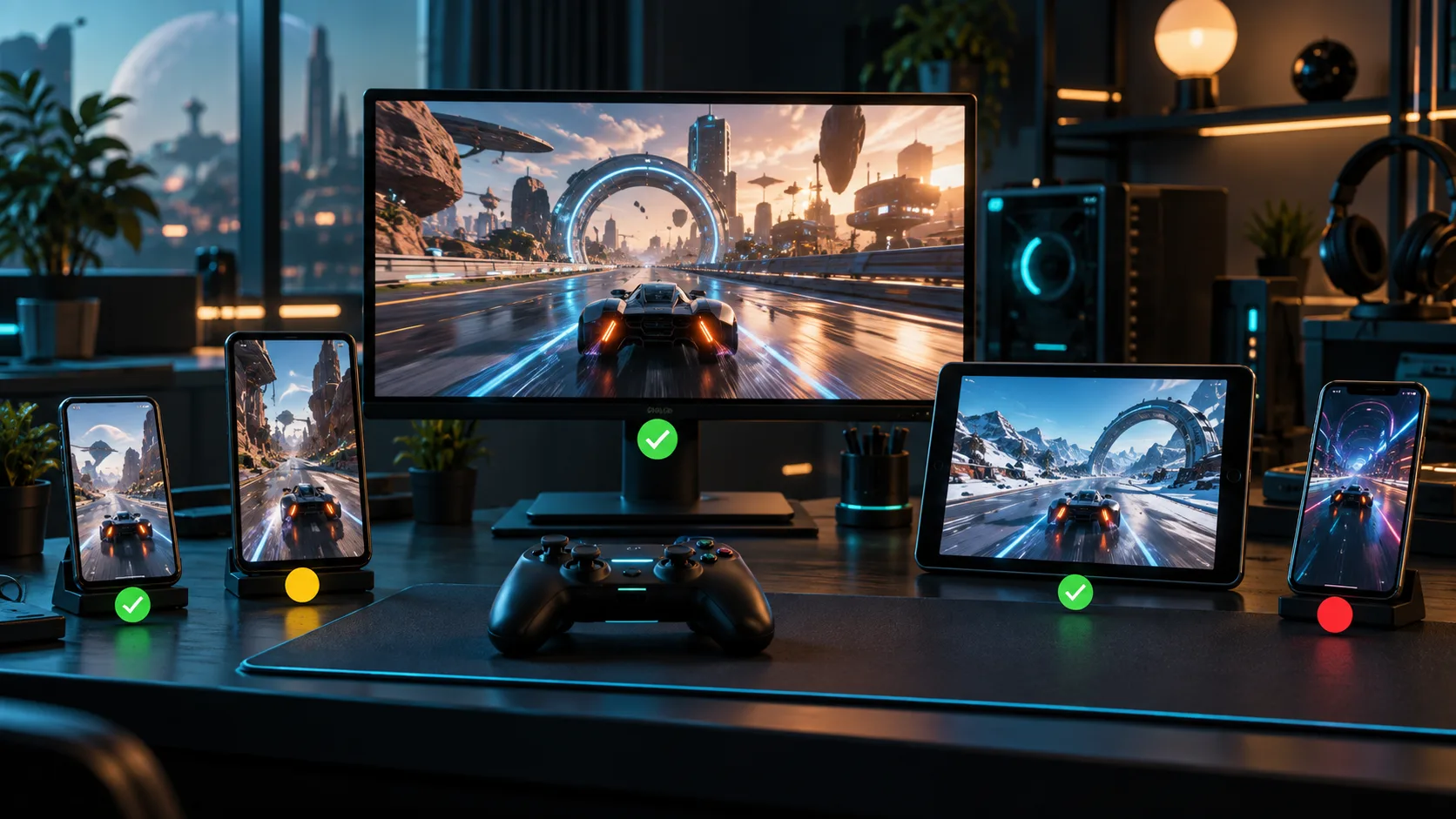 A game build running across a desktop monitor, tablet, and several phones in a structured QA device lab