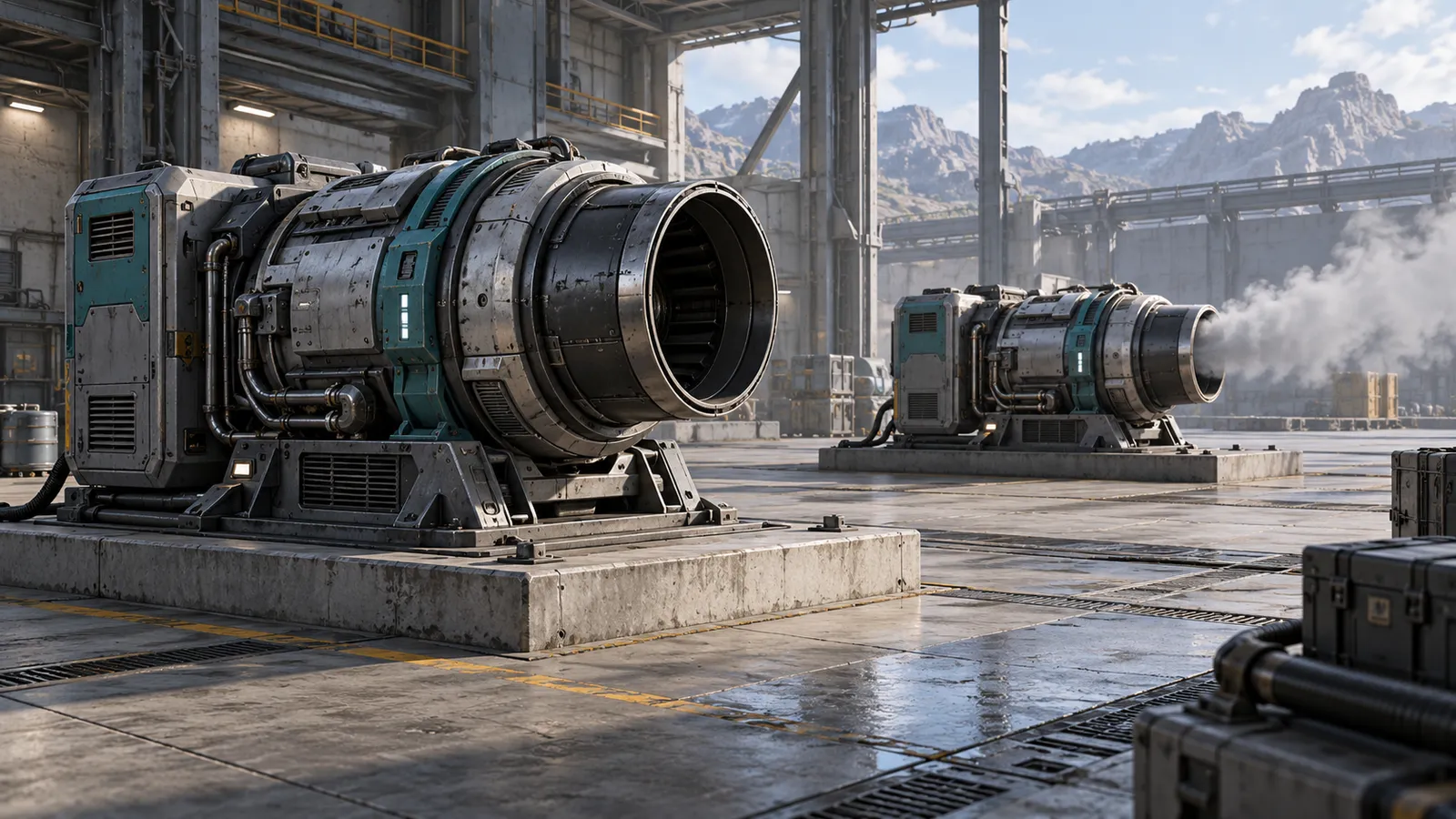 An inactive generator with a clear exhaust beside a separate running generator emitting a small smoke plume