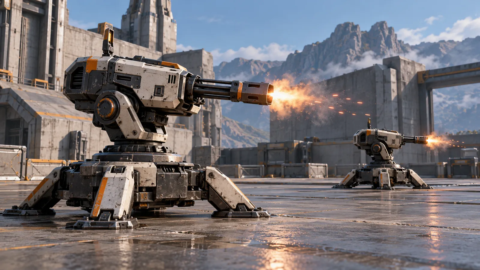 Two turret barrels with short muzzle bursts aligned to their firing direction in an industrial arena