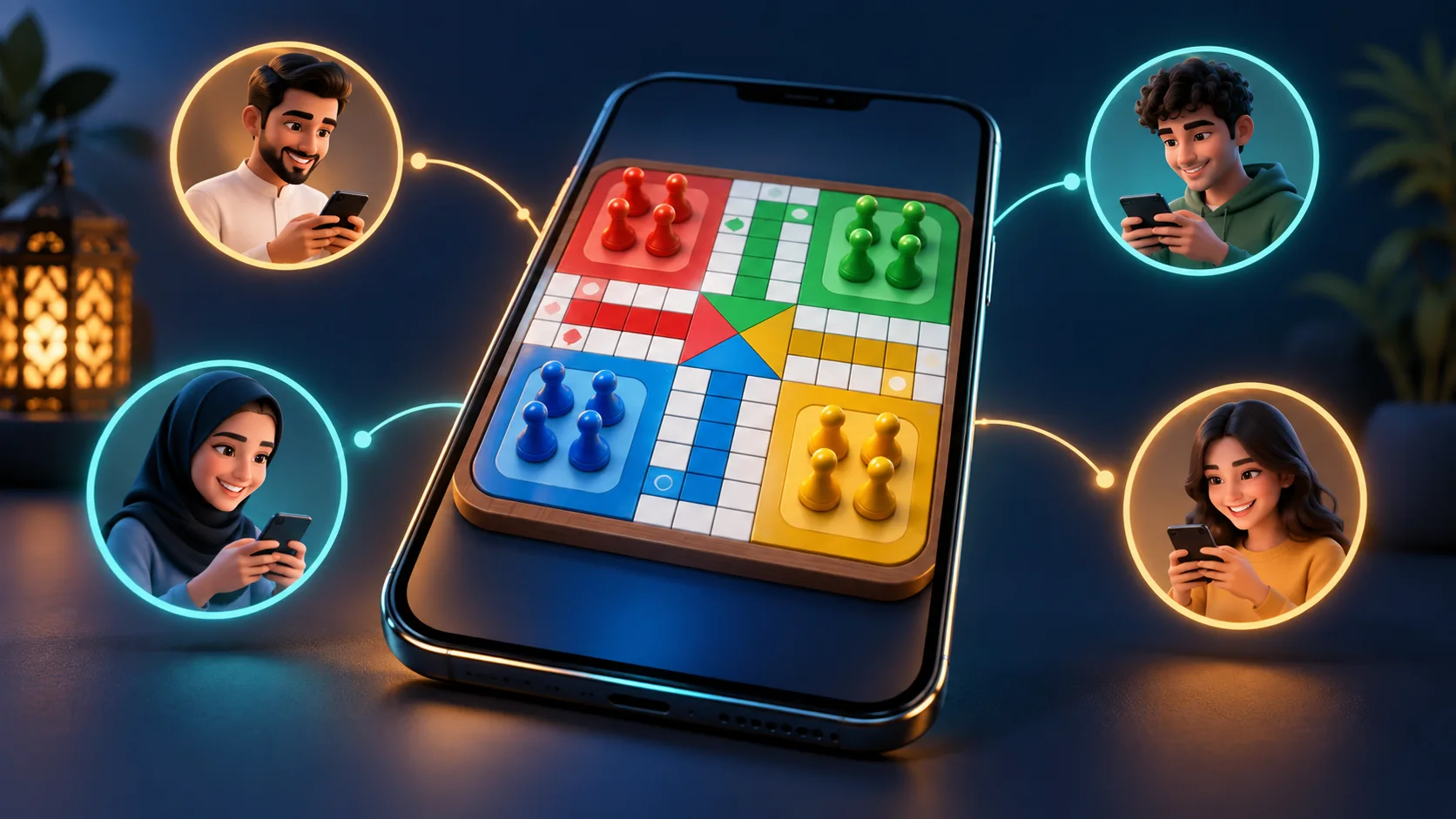 تصور توضيحي للعبة لودو رقمية على هاتف يتصل بها أربعة لاعبين
