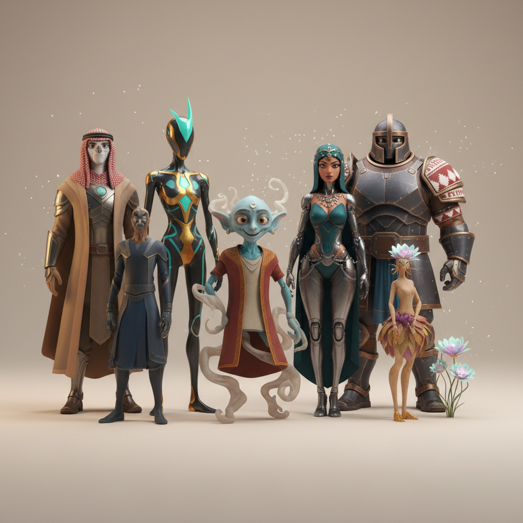 مجموعة متنوعة من الشخصيات ثلاثية الأبعاد المنمقة تقف معًا، توضح جماليات تصميم مختلفة.