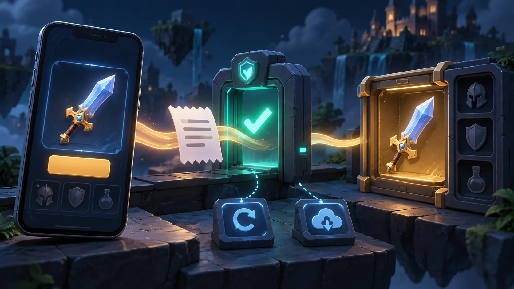 Illustration of a game item moving from a phone purchase through receipt verification to an inventory entitlement