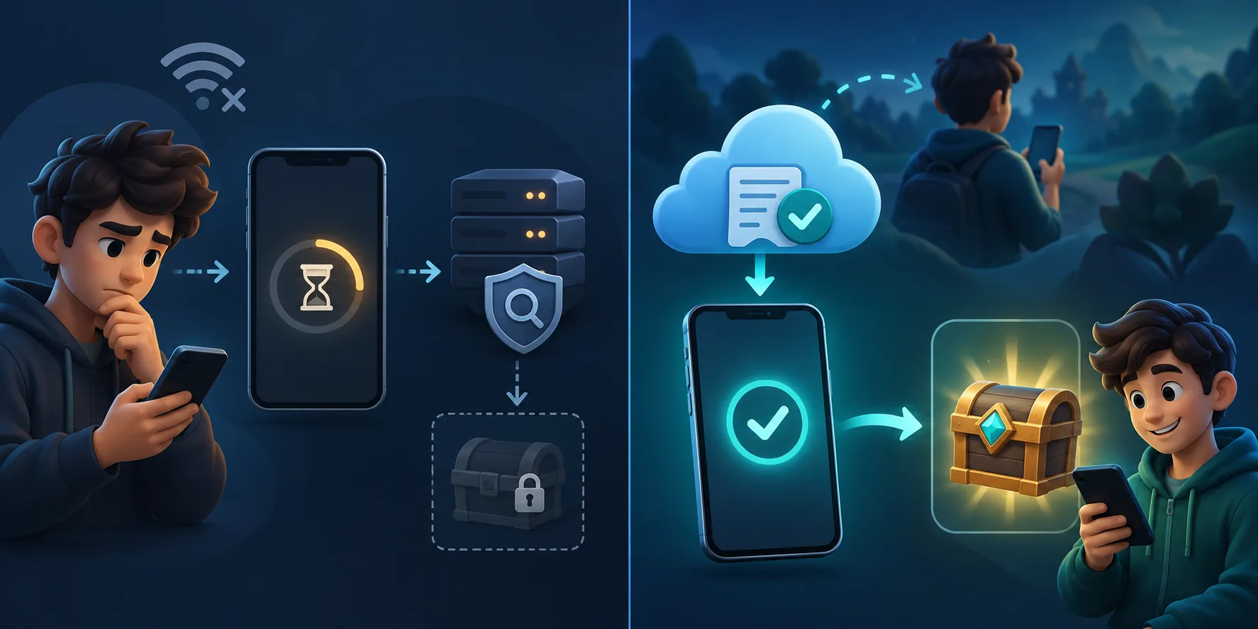 Illustration contrasting a pending purchase that has not granted an item with a returning player's restored permanent item