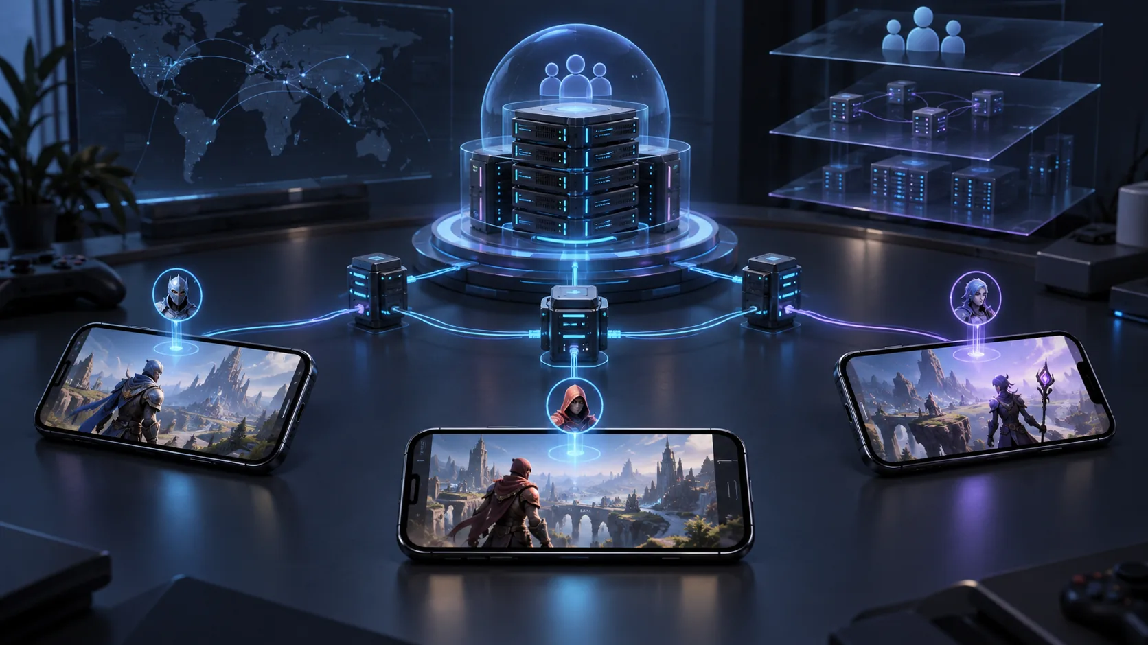 Editorial concept of three mobile players connected through a multiplayer session and server stack