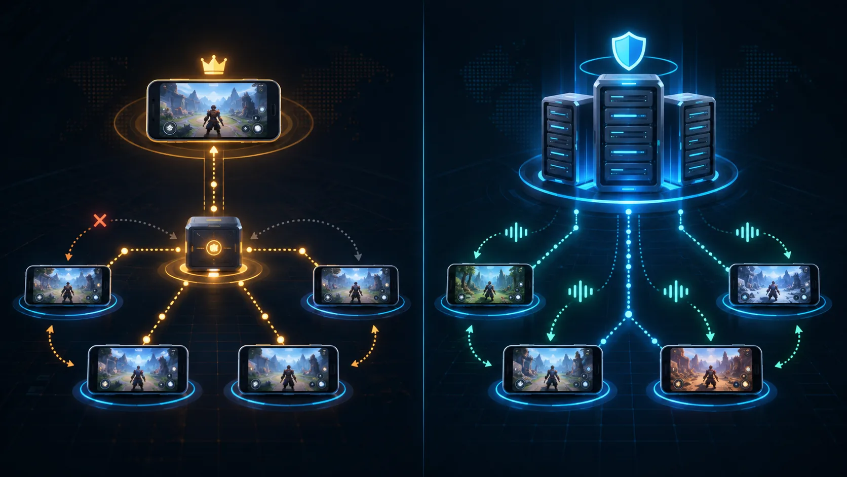 Split editorial diagram comparing a client-hosted relay network with dedicated authoritative servers
