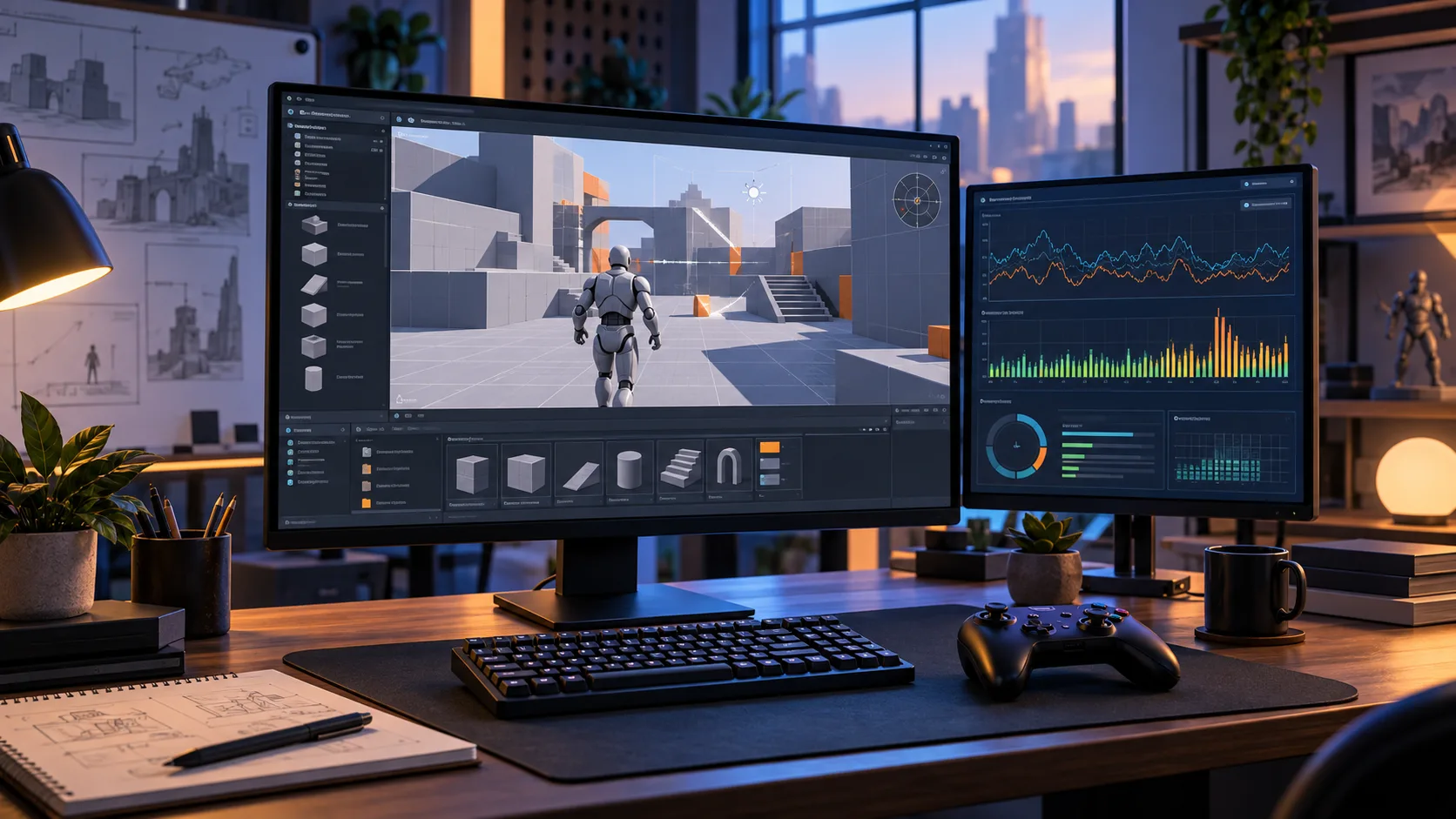 PC game prototype displayed beside frame-time monitoring on a development workstation