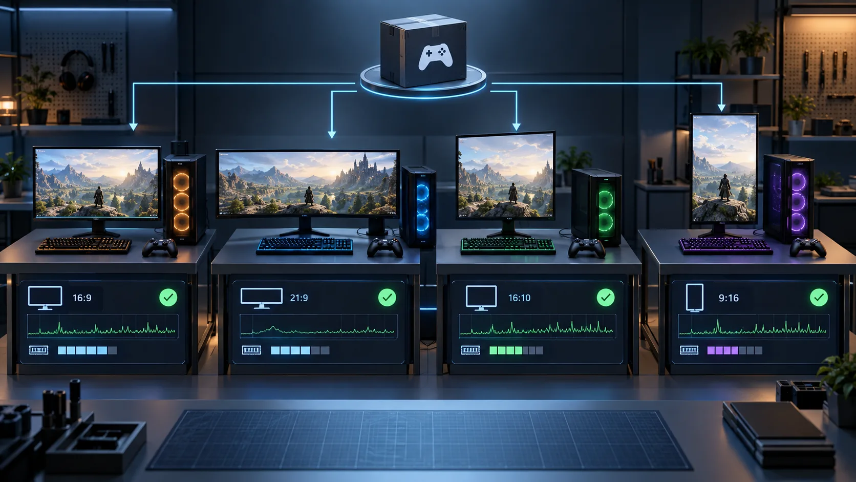 Four PC test stations validating one game build across different display shapes and performance profiles