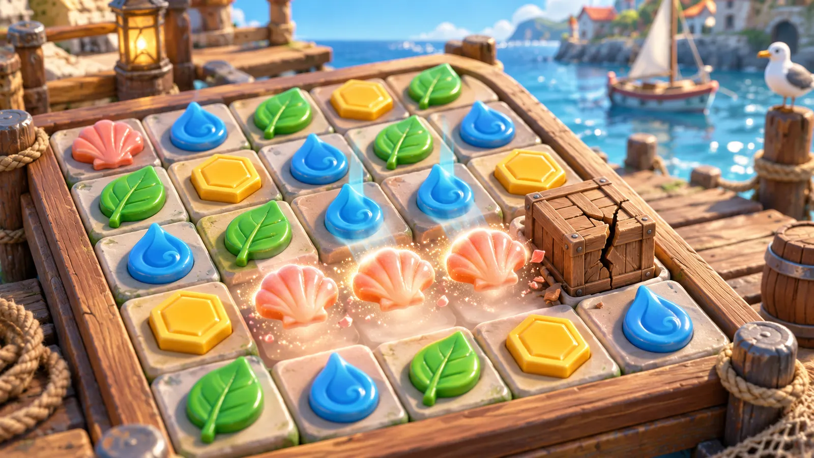 A row of coral shell tokens clearing on a harbor puzzle board as tiles settle into the opened cells beside a cracked crate