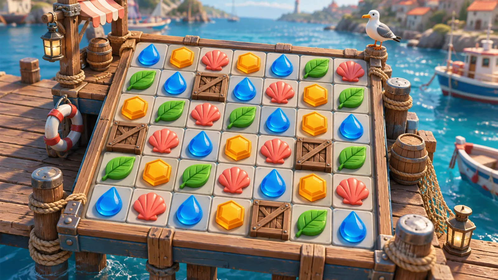 Harbor-themed puzzle board with distinct blue, amber, coral and green tiles and wooden crate blockers