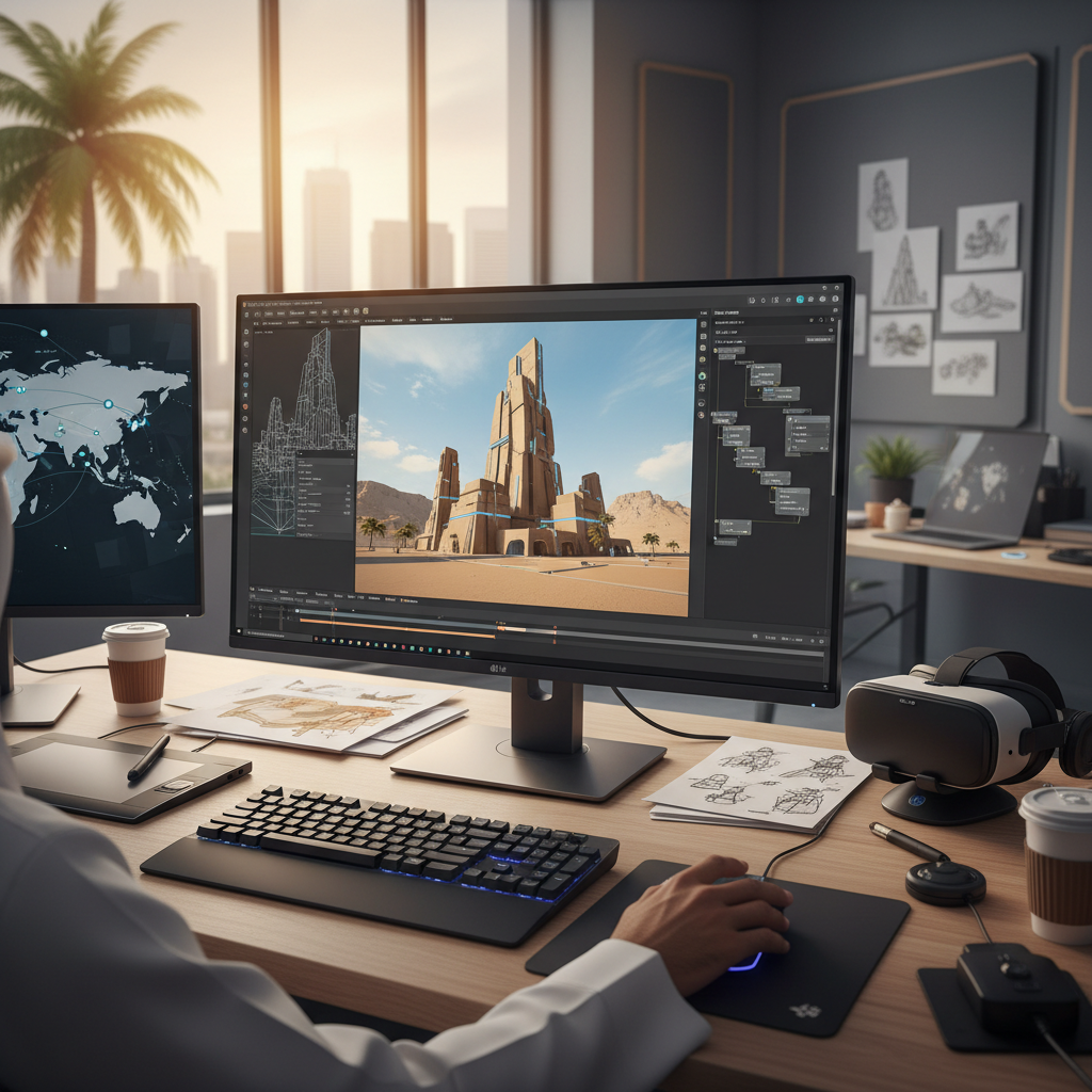 شاشة عرض ثلاثية الأبعاد تظهر نموذجًا للعبة مع أدوات تصميم رسومية