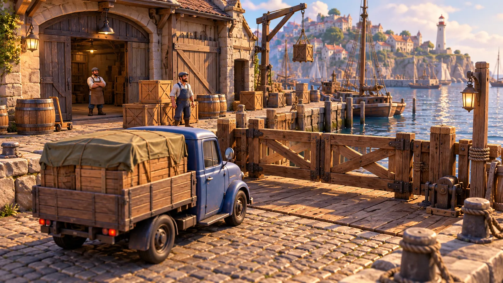 Small delivery truck waiting before a closed dock barrier while crates remain at the harbor loading point
