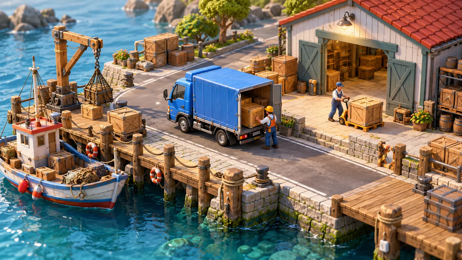 Miniature harbor with a delivery truck, loading dock, crates and workers connected by a short road