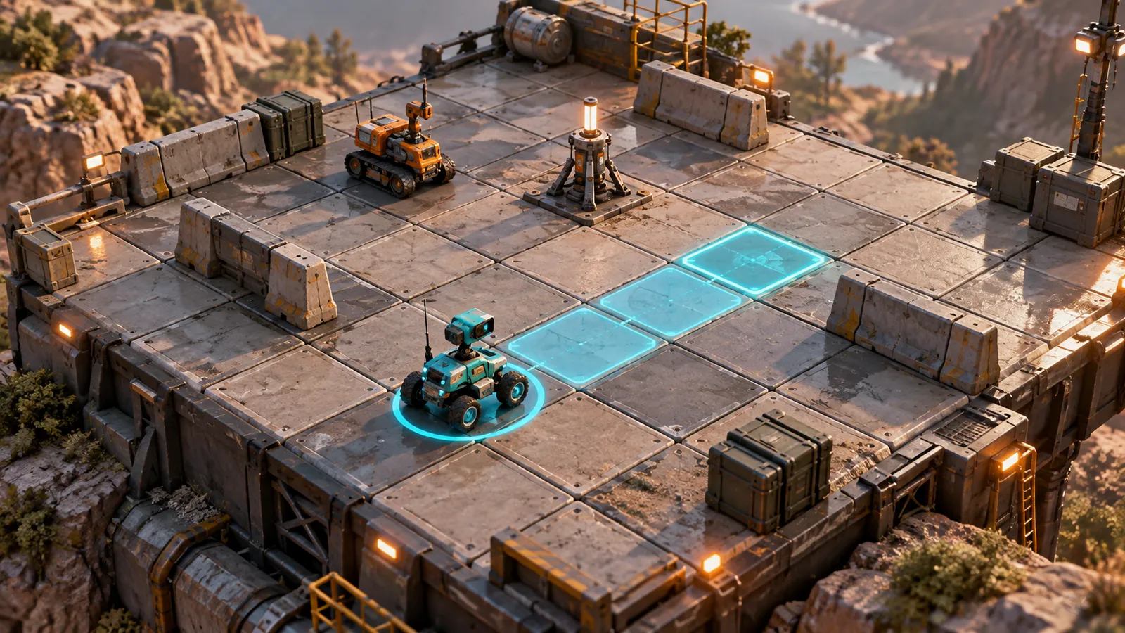 Selected teal scout on a compact tactical outpost with a cyan movement preview toward vacant tiles