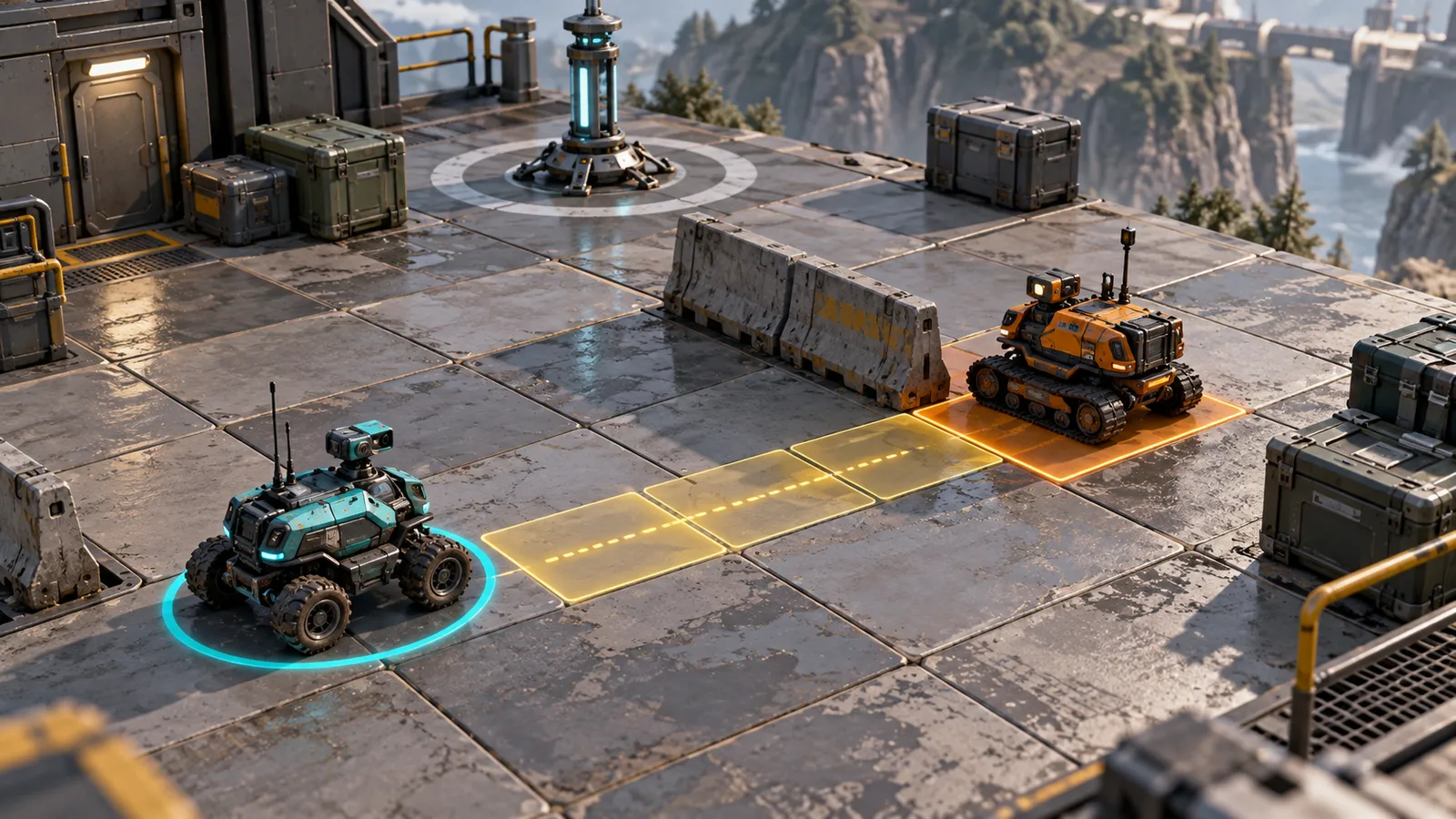 Teal selected rover facing an amber route preview and a destination occupied by an orange support unit