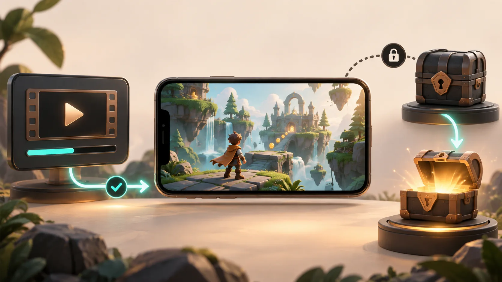 A mobile game between an optional video placement and a reward chest unlocked after completion