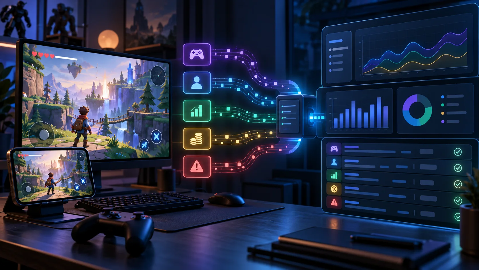 A game build sending gameplay, player, progression, economy, and error signals into analytics validation dashboards