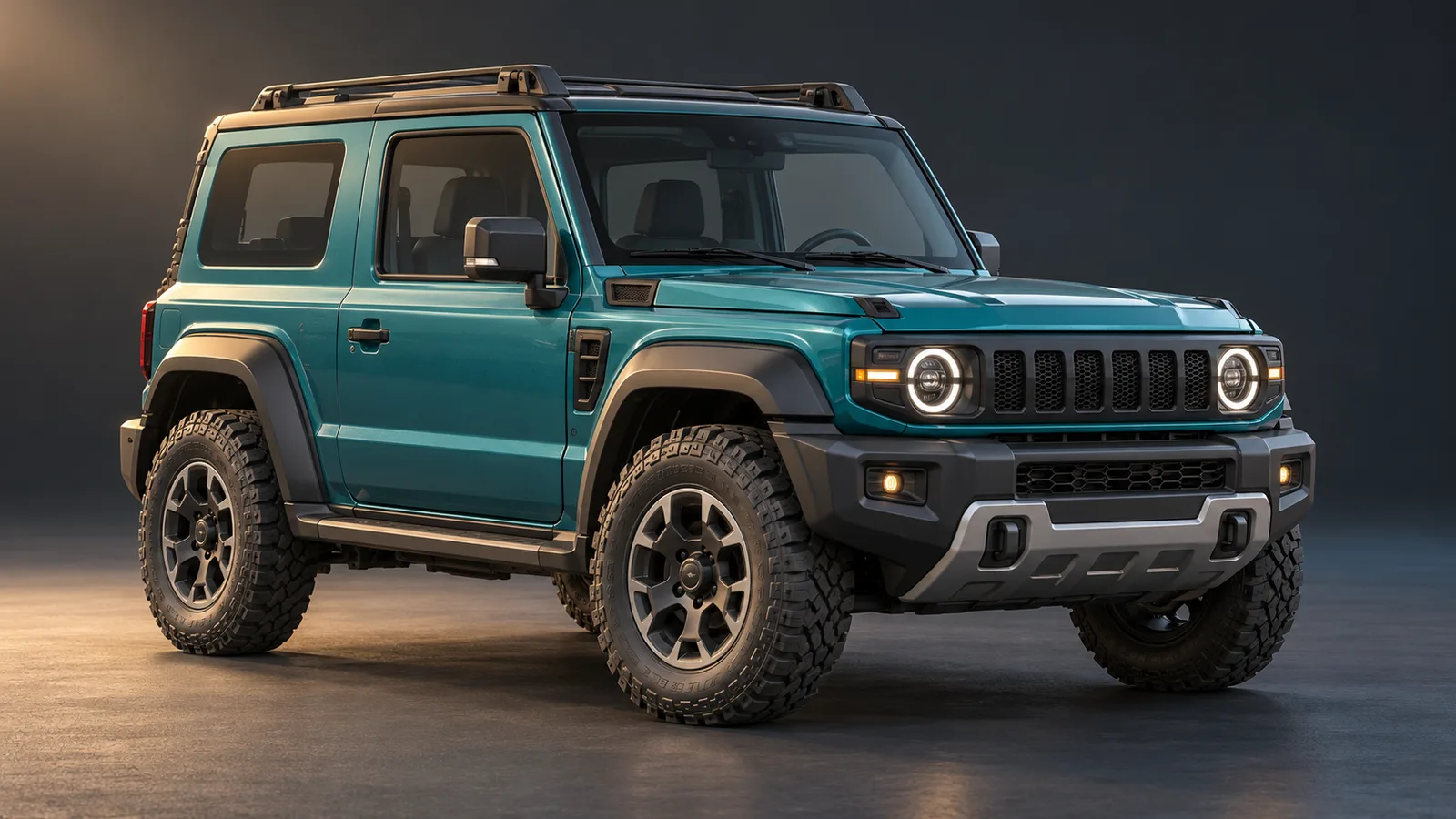 Teal utility vehicle on a flat review platform, with its tires resting on the ground