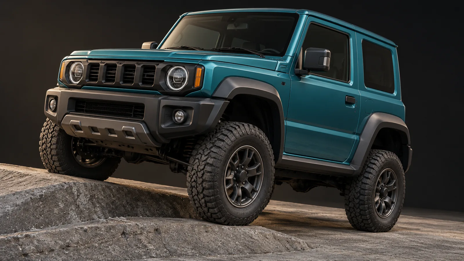 Teal off-road vehicle crossing a low uneven review ramp with a turned front wheel