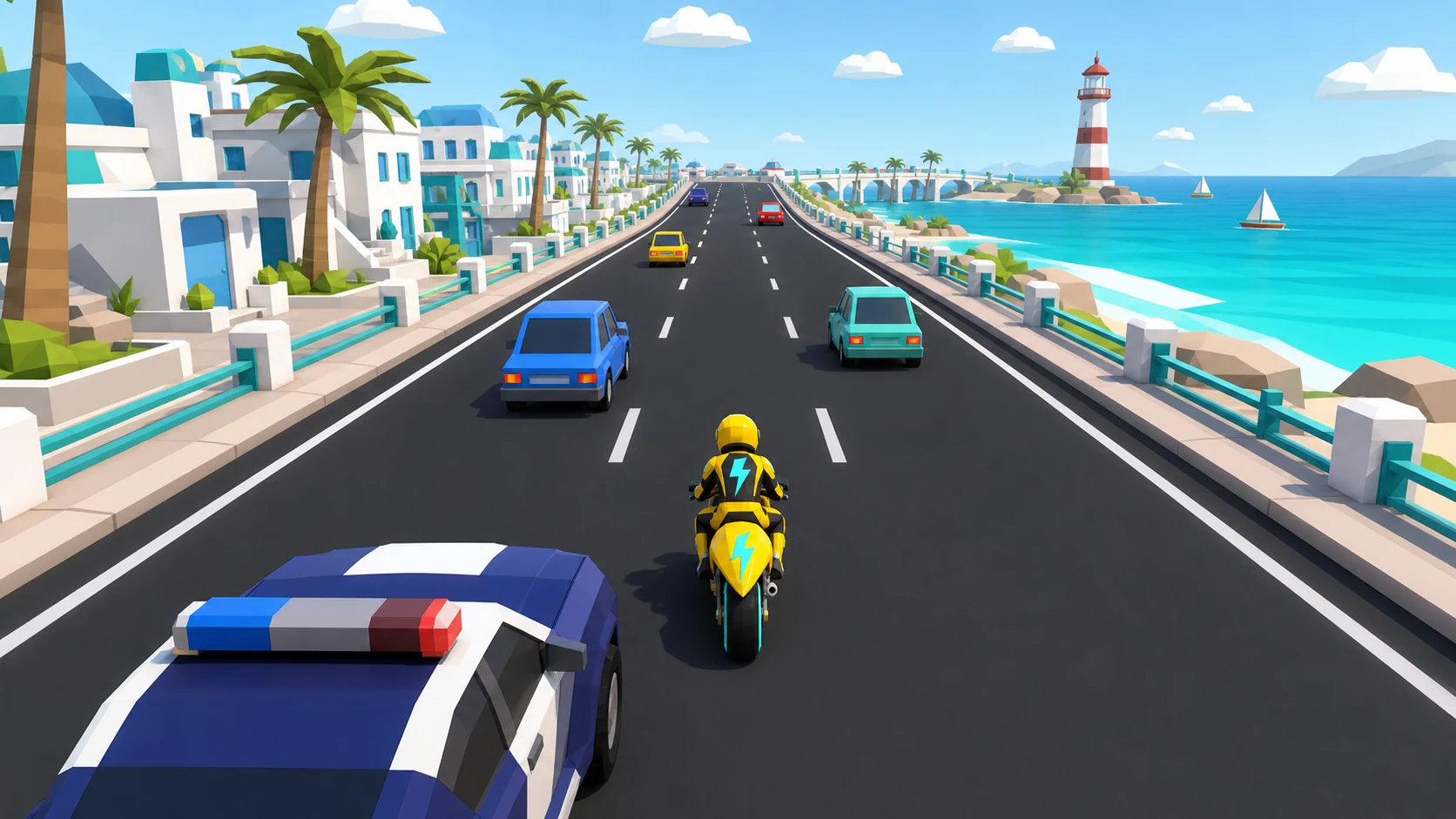 Lightning Escape menu art showing a motorcycle escaping police on a coastal highway