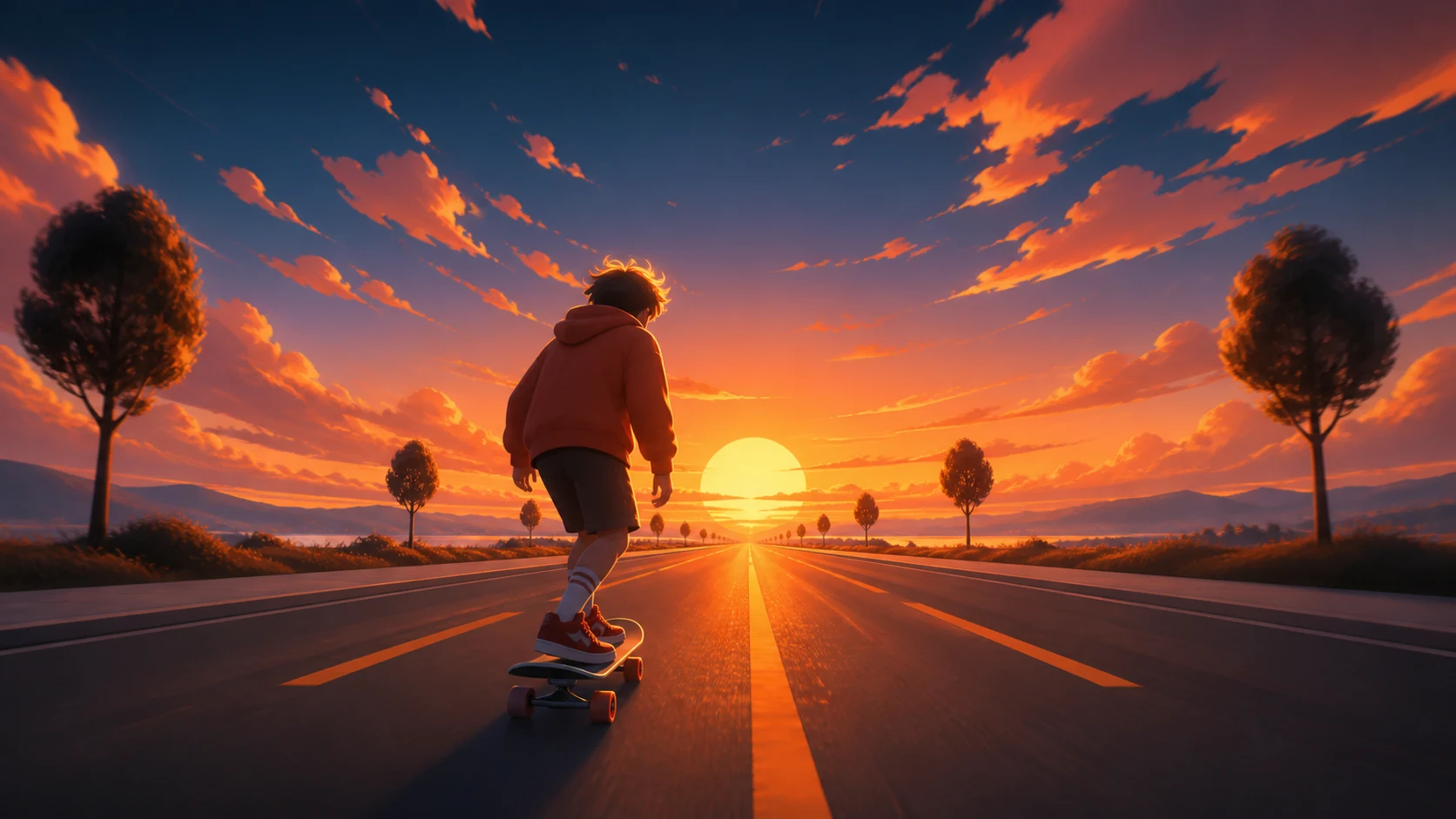 Path of Breeze project art showing a skateboarder riding toward a sunset highway