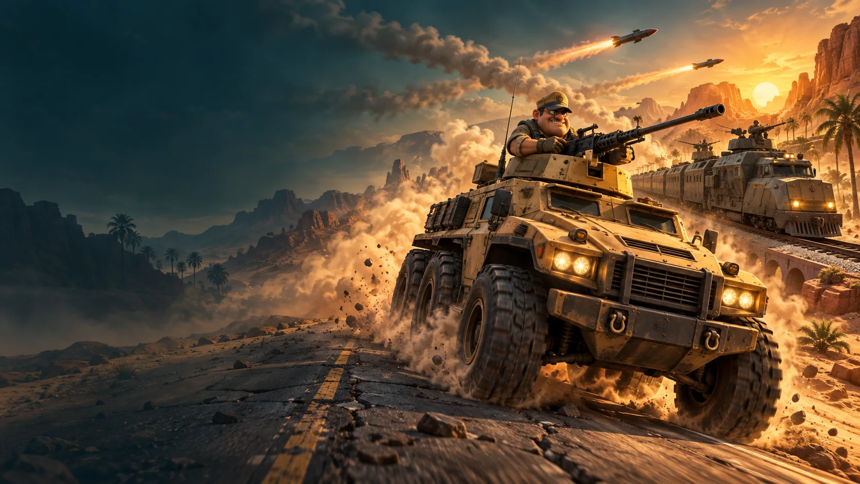 Official ROADFORGE splash art with an armored vehicle and battle train in a desert chase